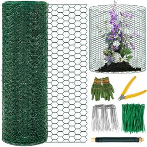 Plant Protectors from Animals, 16.4 x 16In Green PVC Coated Galvanized Chicken Wire Mesh Roll, 0.8mm Free-Cut Plant Cage with Ties, Stakes, Gloves, Pliers & Floral Wire (33Ft*23.6In(23.6X 394 Inch))
