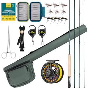 SF Fly Fishing Rod Combo Starter Kit Semi Gloss Green Jade Finish 24T Carbon Fiber Trout Travel Fly Rod with Reel,Fly Rod case,Fly Box , Flies,Tapered Leader,Knot Tying Tools (9', 5wt, 4sec, M.F)