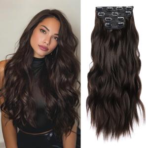 22 Inch Dark Brown Clip-In Hair Extensions, 4Pcs Synthetic Wavy Hairpieces, Heat Resistant Fiber, Thick & Soft Full Head Add Volume and Length for Women & Girls (6A Dark Brown)