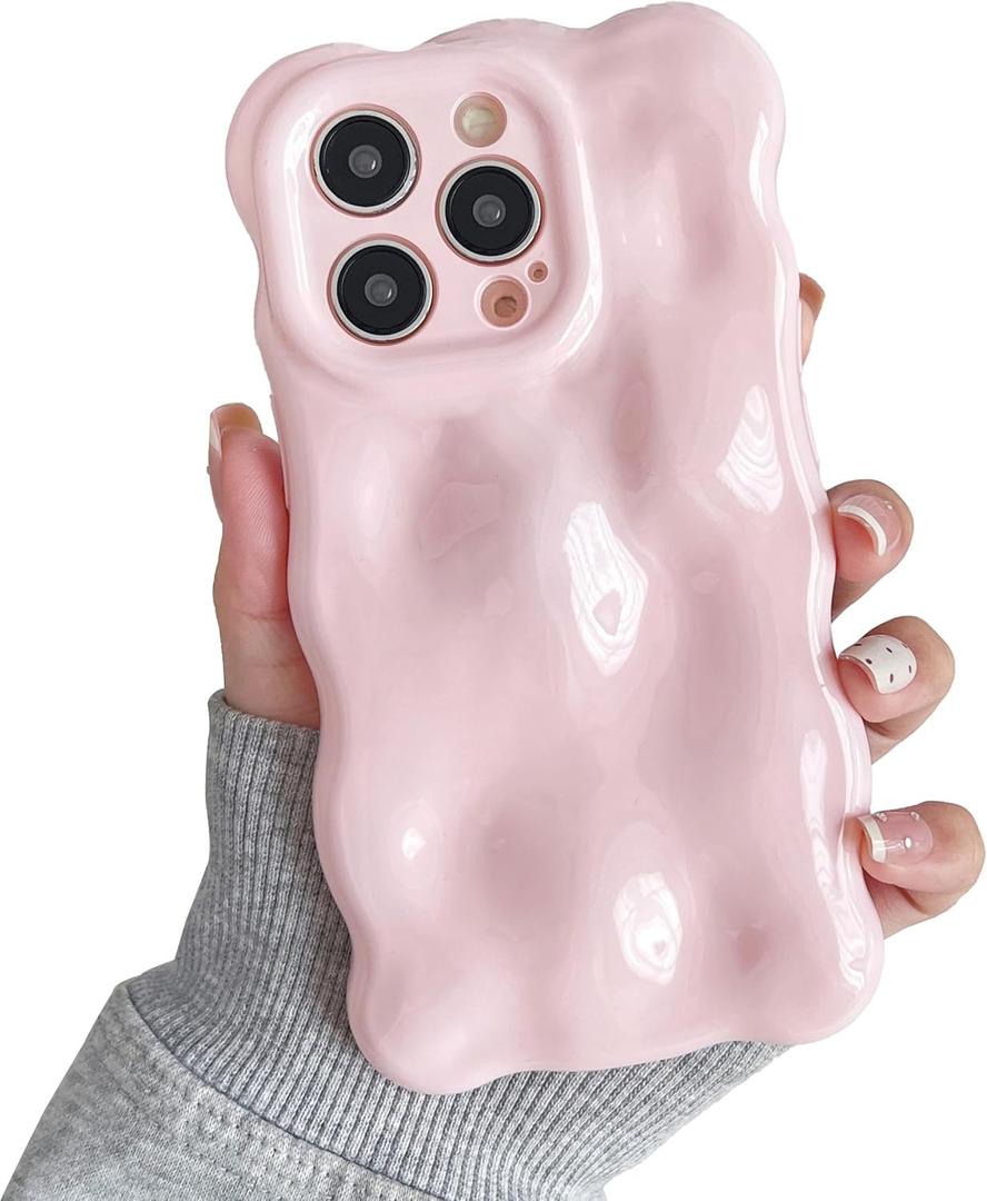 XIZYO for iPhone 16 Pro Case 6.3 Inch Cute Wave Pattern Aesthetic 3D Curly Wavy Shape Plating Glitter Bling Women Girls Soft Bumper Silicone Shockproof Cover, Light Pink