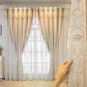 Amidoudou 1 Pair European Double Layer Curtains with Valances for Living Room Bedroom 3D Flower Embroidered Curtains (Beige,63x84 Inch)