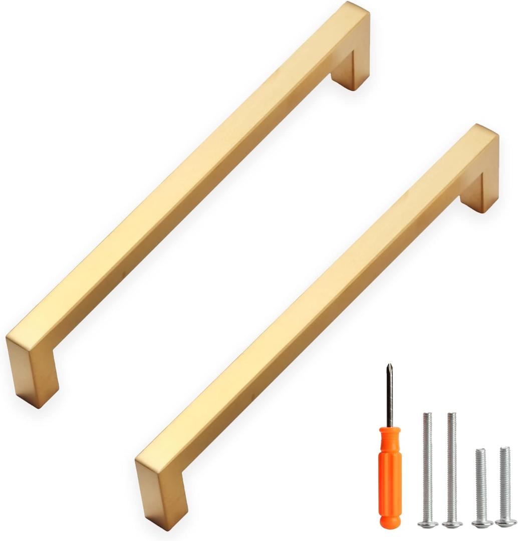 Cabinet Pulls Gold Cabinet Handles Square Drawer Pulls, 10 Pack 7-1/2 Inch Stainless Steel Kitchen Door Cupboard Cabinet Handles, Drawer Hardware Handles, 192mm Hole Centers