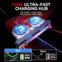 130W USB Charger for Tesla Model 3 Highland 2024 2026 Model Y Juniper 2025 2026, 65W+45W Type-C+Light Retractable Cables 4 in 1 Multi Port Fast Charger Docking