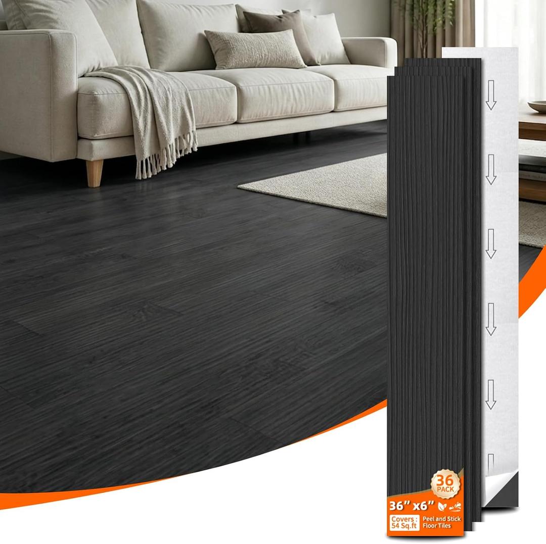 36-Pack Peel and Stick PVC Floor Tiles (54 Sq.Ft), Black