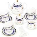 fanquare Bone China Tea Sets for Adults, 21-Piece Blue Lace and Roses Porcelain Tea Service with Sugar Bowl & Creamer, English Cremic Floral Teacups Set of 6 for Women Tea Party