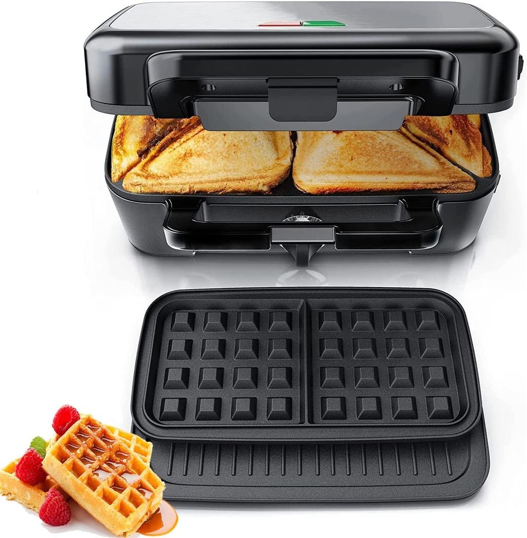 FOHERE Sandwich Maker 3 In 1 Waffle Maker With Removable Plates,1200W Grilled Cheese Maker, 5-gear Temperature Control, Non-stick Coating Easy to Clean, Indicator Lights, Silver/Black