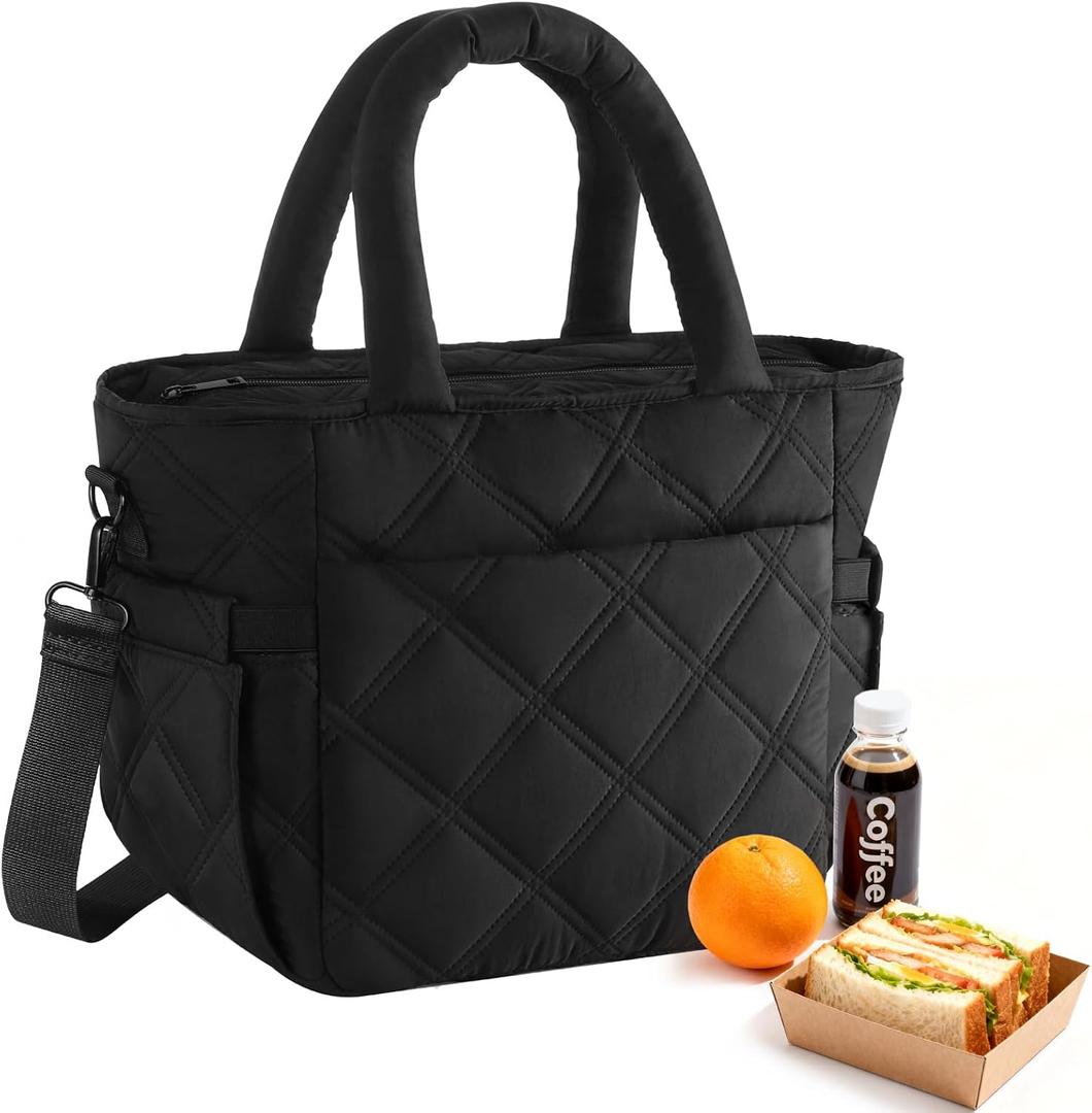 Insulated Lunch Box for Women Men, Soft & Puffy Lunch Bag, Large Capacity Leakproof Reusable Tote Cooler Bag with 4 Pockets, Adjustable Strap, Ideal for Work, Outdoors, Picnic, Travel (Black)