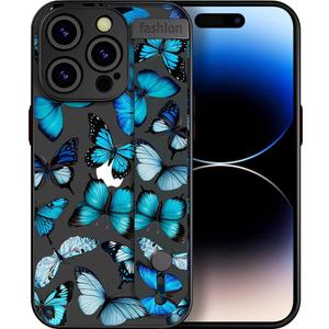 Compatible for iPhone 15 Pro Max Case Cute with Stand/Drop Protection Slim Strap Kickstand Phone Cover for Women Girls Promax/Blue Butterflies Butterfly Animal