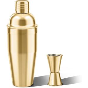 LUCKYGOOBO Cocktail Shaker with Double Measuring Jigger,18/8 Stainless Steel 24oz Martini Shaker Set,Drink Shaker Built-In Strainer,Bartender Kit. (Gold)