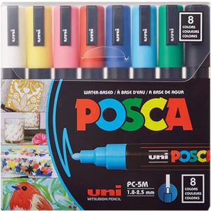 Posca Paint Markers, 5M Medium Acrylic Markers with Reversible Tips, Artist Recommended For Gifts, Fabric, Metal, Glass, Wood and Canvas, Assorted Colors, Set of 8