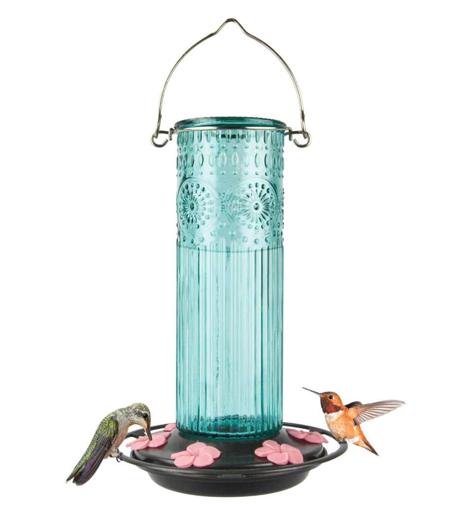 Nature's Way ANTGHF2 Hanging Antique Glass Gravity Hummingbird Feeder for Outdoor Decor, 28 Ounce Capacity Nectar Feeder, 6 Easy to Clean Flexible Pink Ports, Teal