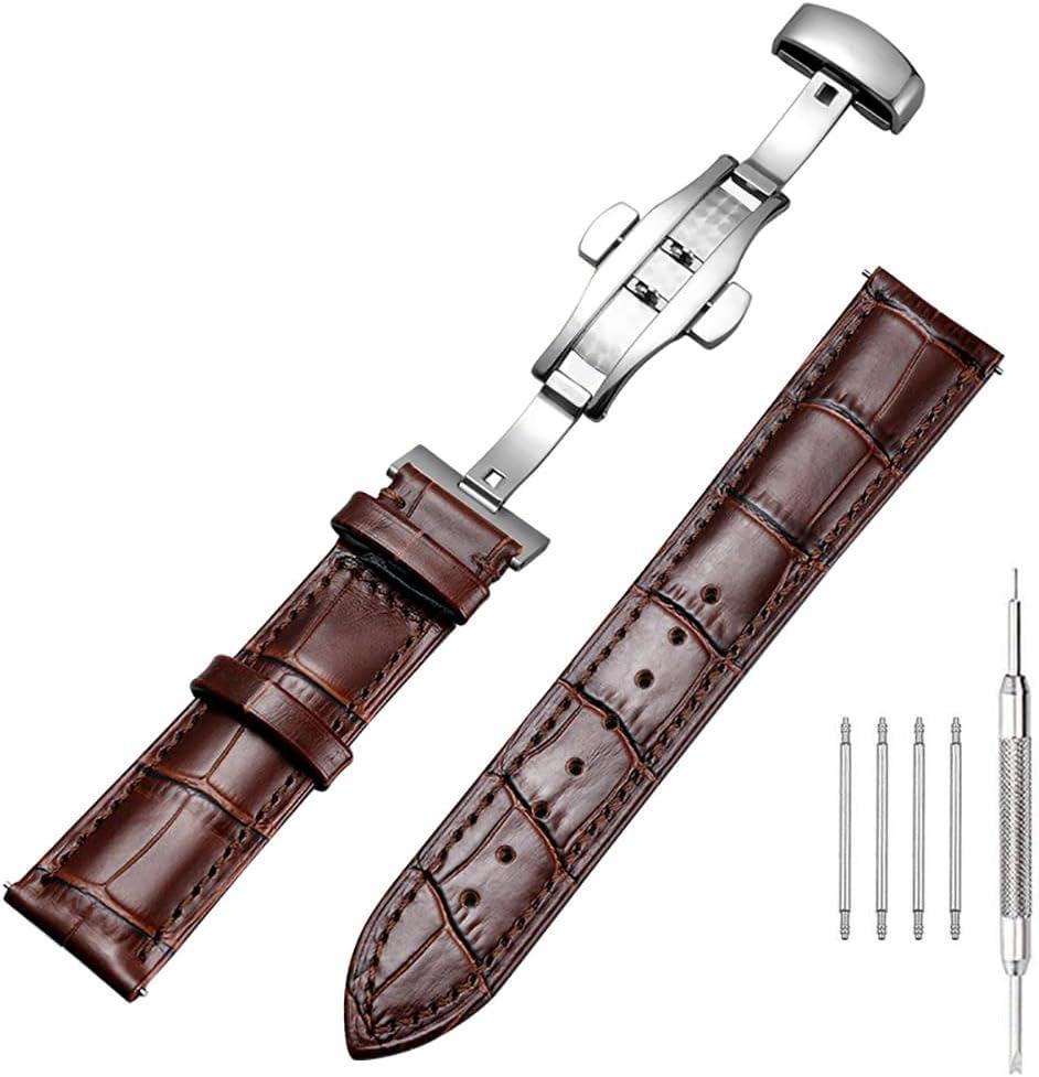 Genuine Calfskin Leather Watch Band,Alligator Grain Deployment Butterfly Buckle Replacement Strap for Men Women 18mm 20mm 22mm 24mm