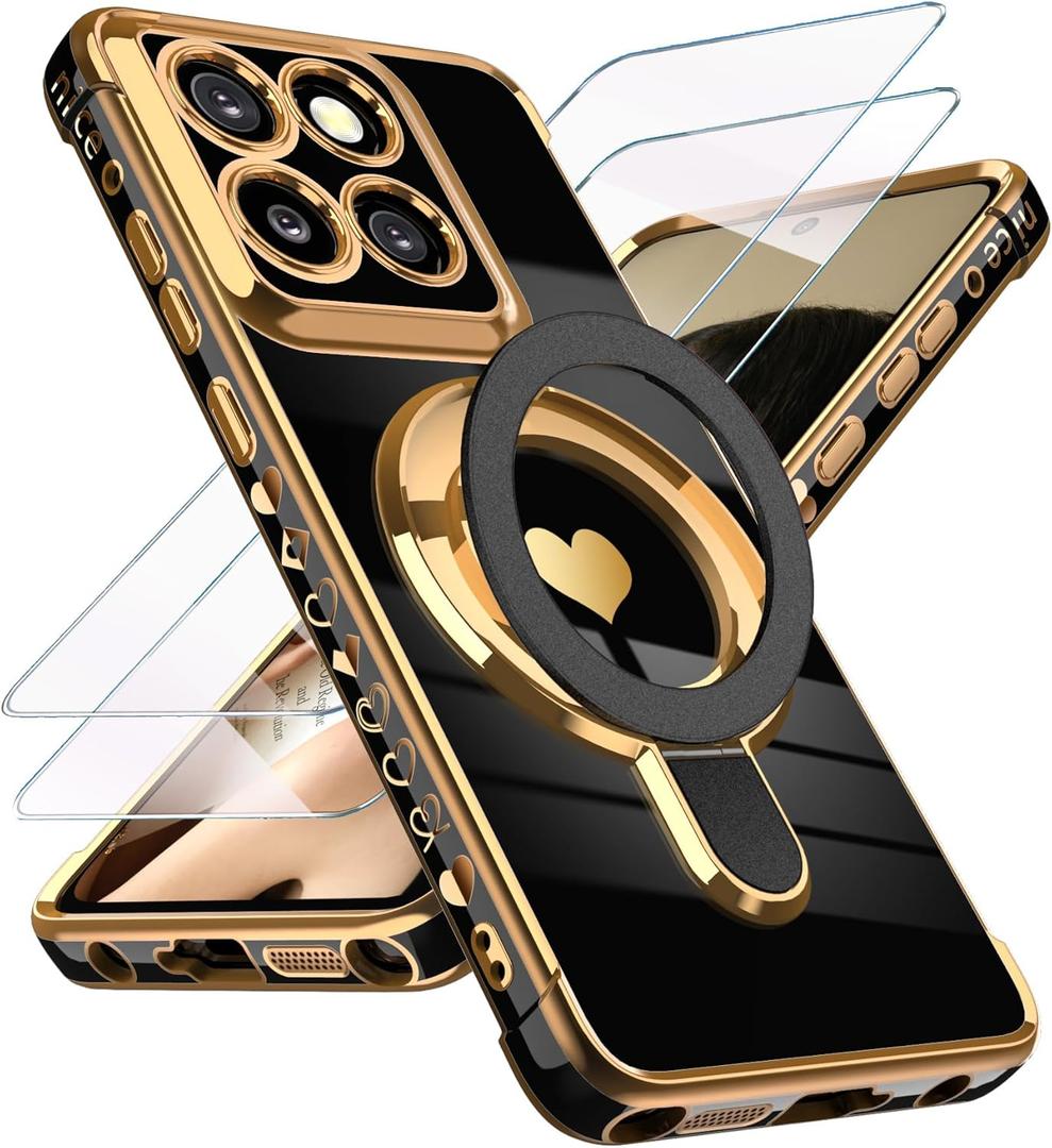 for Motorola Moto G Stylus 5G 2025 Love Heart Kickstand Case with 2X Screen Protector: Luxury Plated Gold Edge Slim Soft TPU Shockproof Protection Case for Moto G Stylus 5G 2025 (Black)