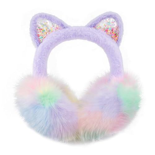 CHUANGLI Fluffy Cat Ear Earmuffs for Women Plush Foldable Cat Ear Muffs Winter Earmuffs Teen Girls Cold Weather Ear Warmers