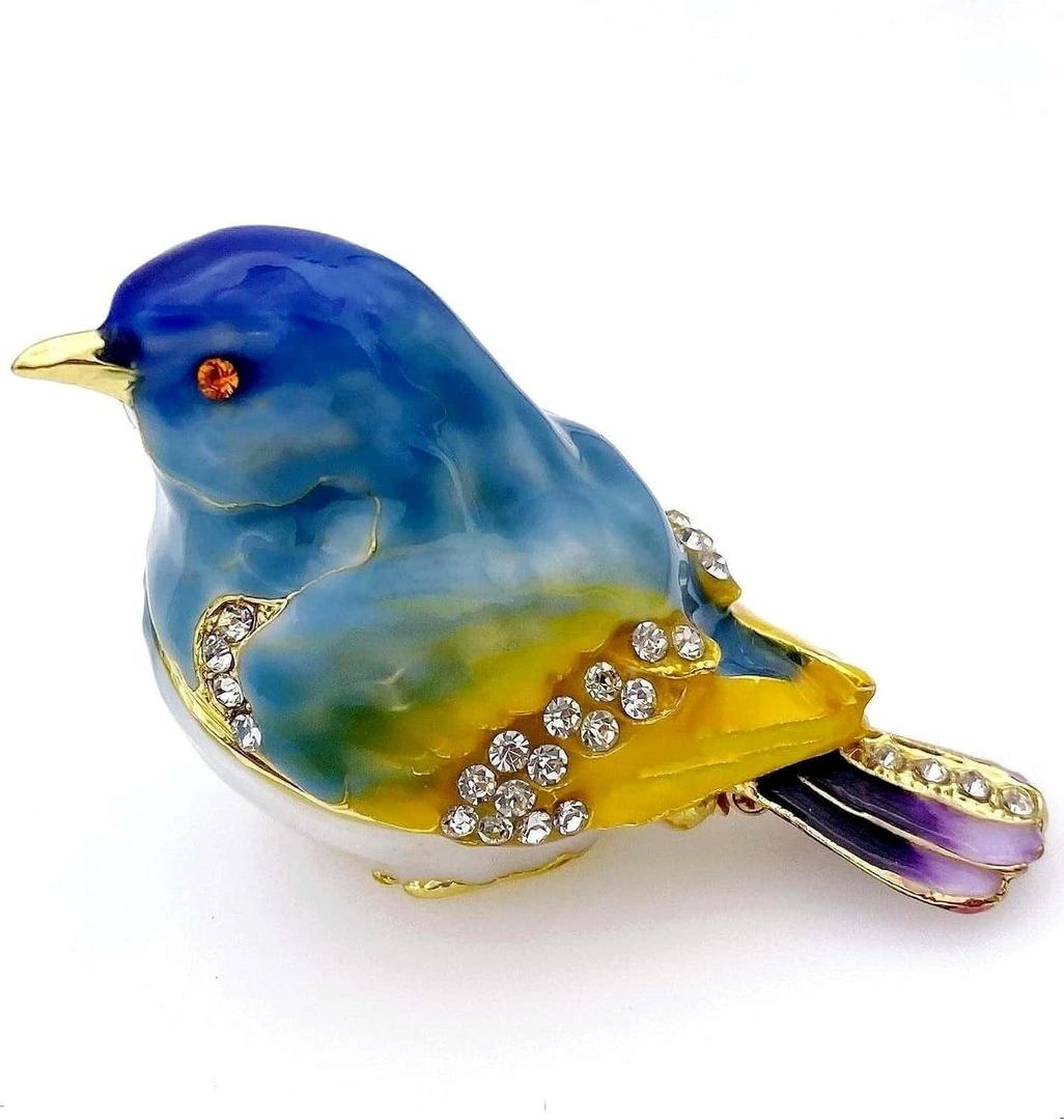 JWT Astyle Blue Mountain Bird Hinged Trinket Box with Crystal Stones .Animal Jewelry Box.Necklace Rings Earrings Storage.Bird Figurines Home Decor,Collectible Trinket Boxes Gift ., Blue Yellow
