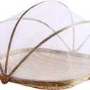 Food Bamboo Food Serving Tent Basket Hand-Woven Basket Serving Dustproof Picnic Basket Vegetable Fruits Bread Home Square Storage Basket with Mesh Gauze Cover Container