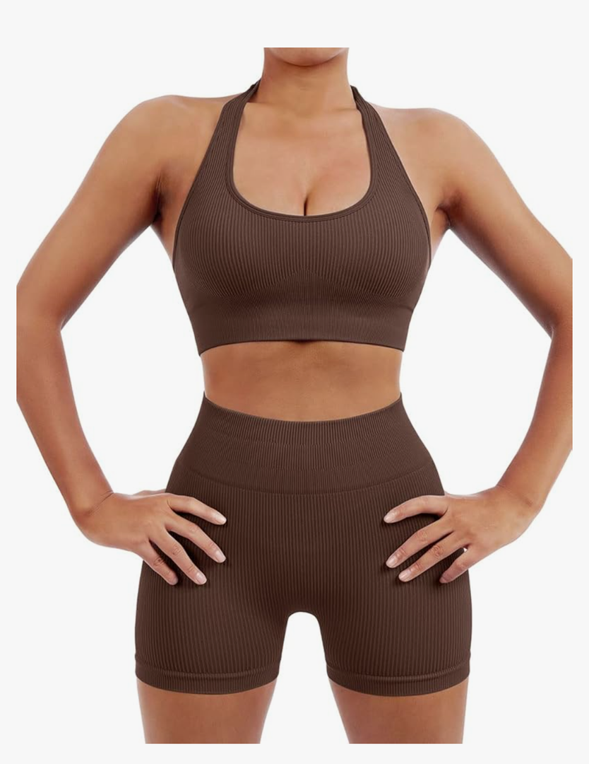 SUUKSESS Women Seamless Ribbed Workout Set Backless Sports Bra Booty Biker Short m