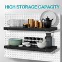 HJW Pegboard Shelf Black, 4 Pack Wooden Pegboard Shelves with Metal Pegboard Shelf Brackets Pegboard Hooks, for Craft Room, Home, Kitchen, Garage
