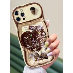 Toycamp for iPhone 14 Pro Max Case - Women Girls Cute Cover Coffee with Sliding Camera Cover Girly Glitter Teens Pretty Cartoon Design Flowing Liquid Quicksand Phone Case for iPhone 14 Pro Max 6.7 "