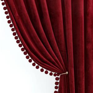 Benedeco Burgundy Velvet Curtains for Bedroom Window with Pom Pom, Super Soft Luxury Drapes, Room Darkening Thermal Insulated Rod Pocket Curtain for Living Room, W52 by L84 inches, 2 Panels Benedeco Burgundy Velvet Curtains for Bedroom Window with Pom Pom, Super Soft Luxury Drapes, Room Darkening Thermal Insulated Rod Pocket Curtain for Living Room, W52 by L84 inches, 2 Panels