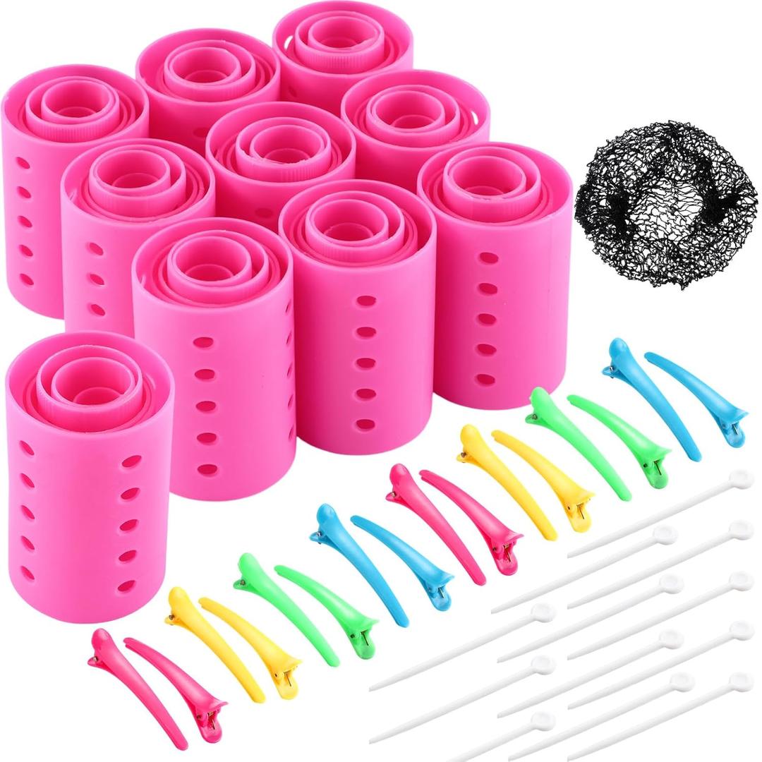 141 Pieces Hair Rollers Set Include 60 Plastic Hair Rollers (Pink,6 Size)