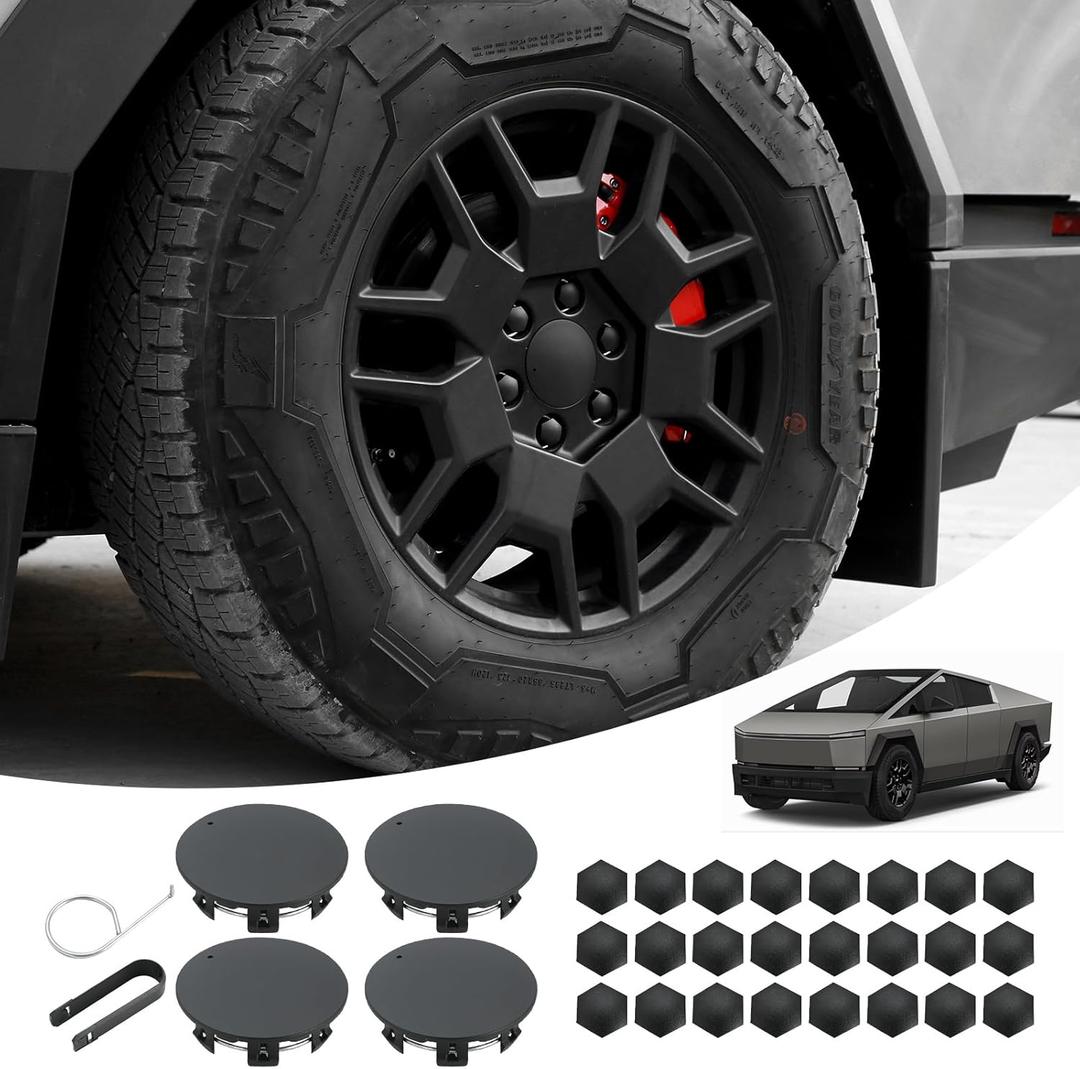 4PCS Wheel Center Hub Caps Cover and 24PCS Lug Nut Covers, Hub Center ABS Caps Set Compatible with Tesla Cybertruck 2024 Accessories(Matte Black)
