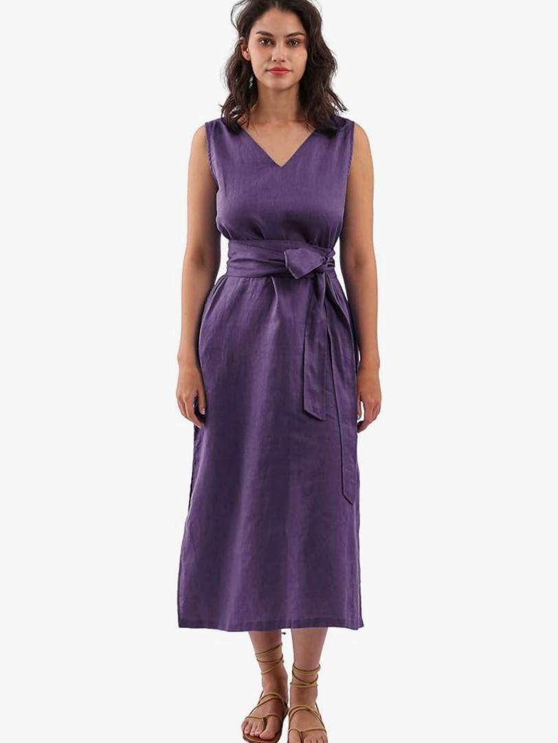 Amazhiyu Womens 100% Linen Summer V-Neck Midi Dresses Sleeveless with Pockets Size S (Missing Sash)