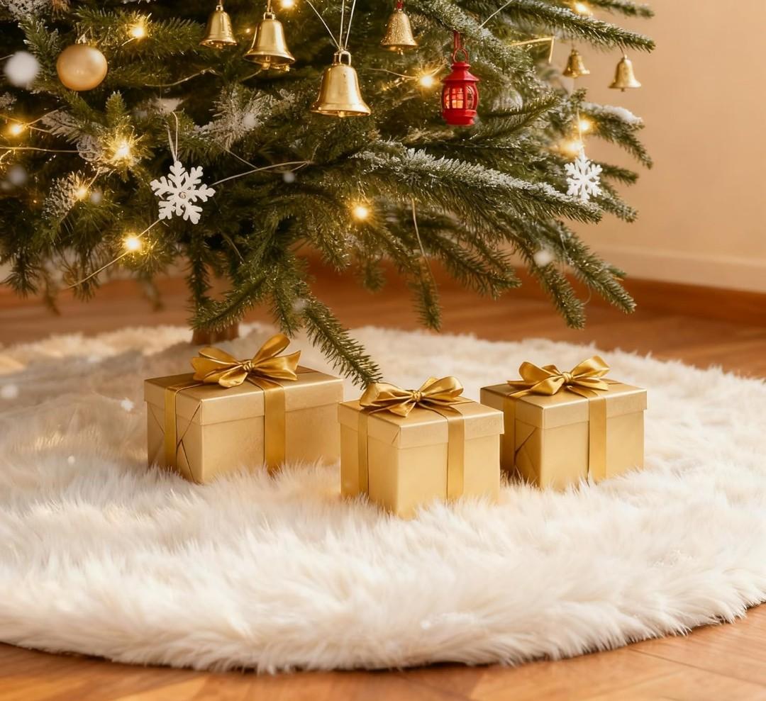 SYITCUN 72 Inch Faux Fur Christmas Tree Skirt, Extra Large Fluffy Xmas Tree Skirt for 7 to 12 FT Christmas Trees, Thicker Plush Christmas Decorations