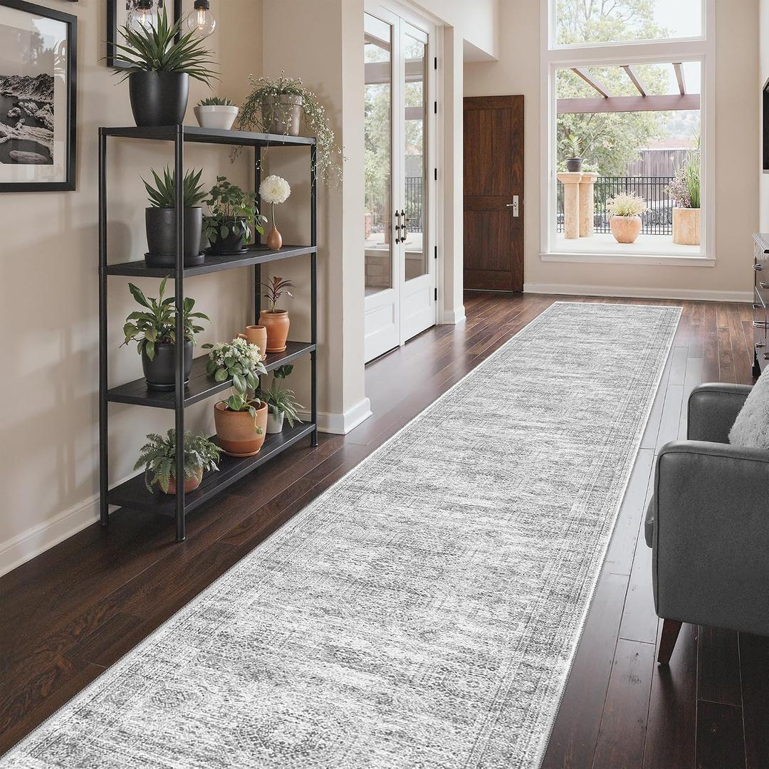 Restydon 3x18 Washable Runner Rug for Hallway, Non-Slip Long Hallway Runner for Entryway, Soft Vintage Kitchen Mats for Floor, Abstract Dining Room, Bedroom, Living Room Rugs(3'x18', Grey/Ivory)