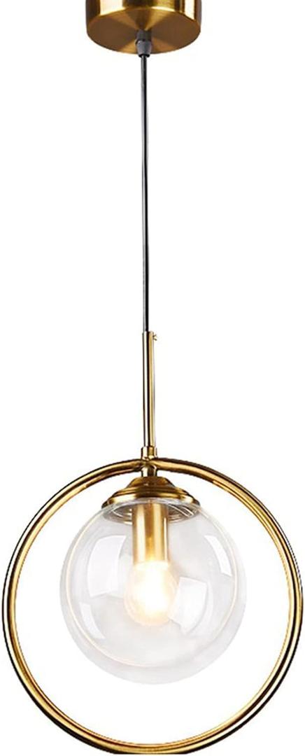 Pendant Light Modern Minimalist Hanging Lamp with Spherical Glass Shade and Brass Metal Ring Adjustable Height for Dining Room Bedroom Living Room (Clear)