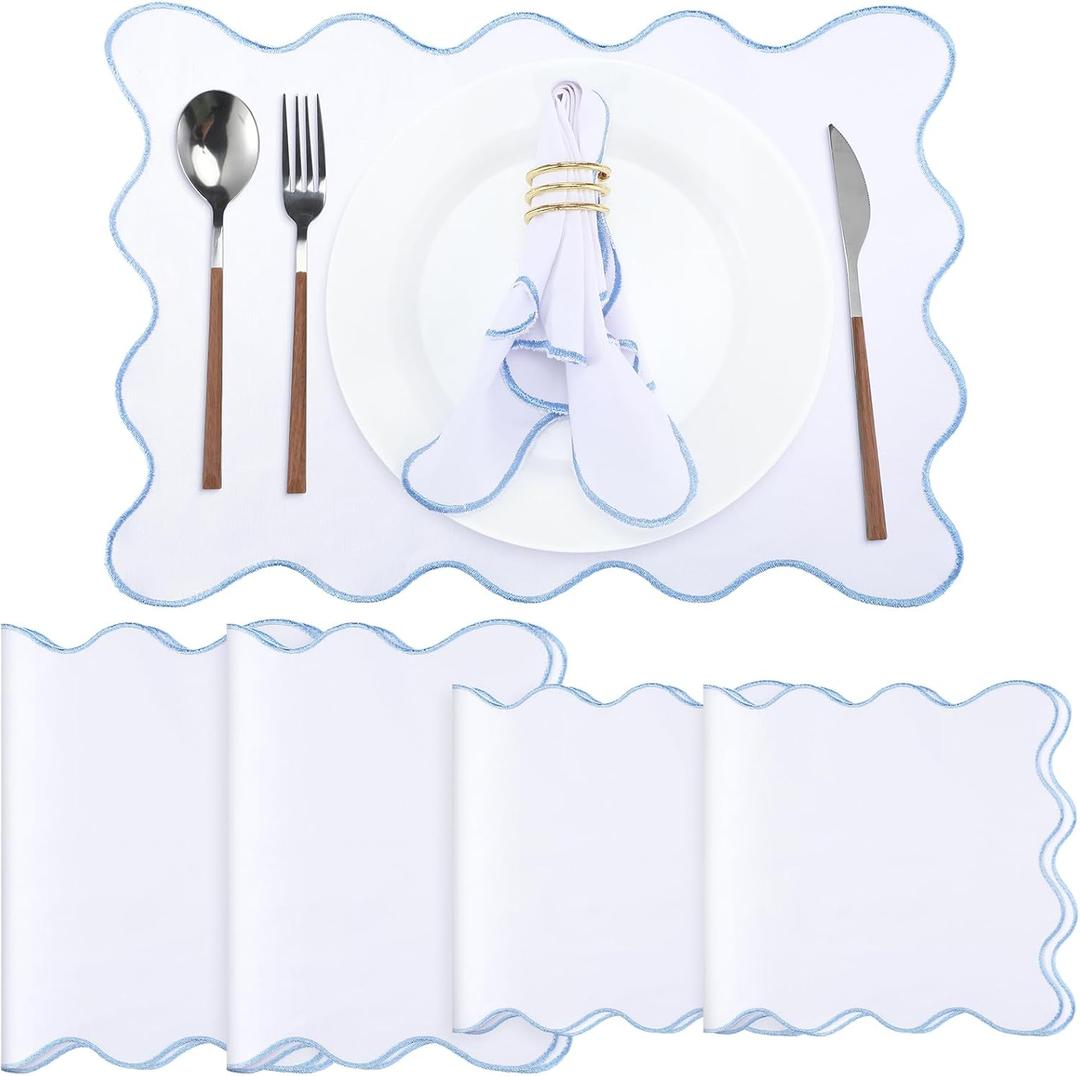 Cotton Linen Placemats and Napkins Set of 4 100% Pure Linen Scalloped Wavy Embroidery Placemats 13 x 19 Inch Cloth Napkins 20 x 20 Inch Layered Washable for Restaurant Kitchen Housewarming Gift