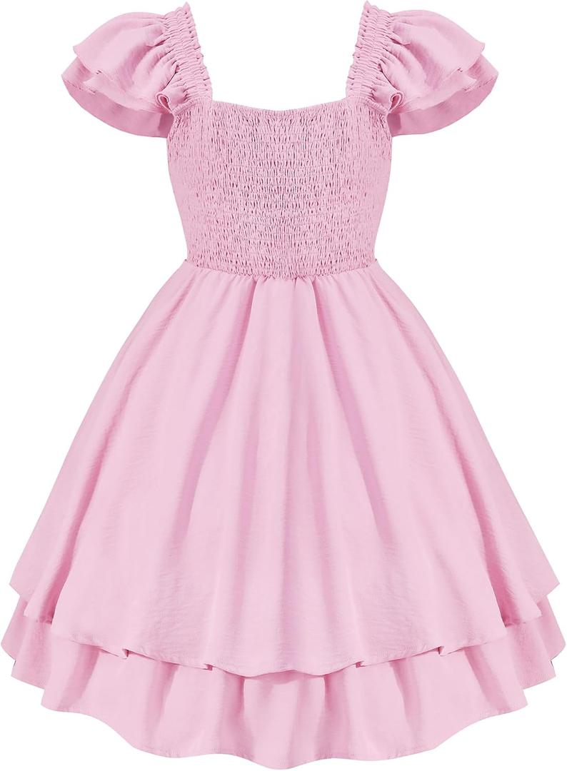 EXARUS Girls Dresses Teen Halter/Puff Sleeve/Spaghetti Strap Smocked Floral Summer Casual Dress 10Y