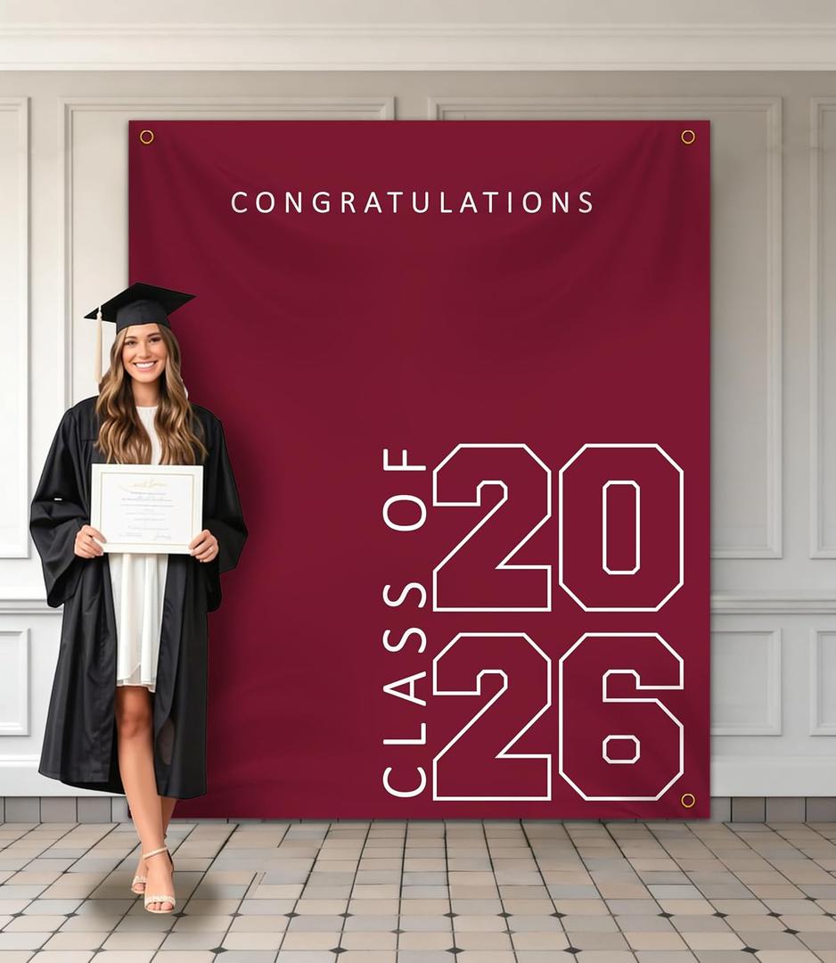 Class of 2026 Graduation Banner 5X6feet - Large CONGRATS GRAD Polyester Banner, Photo Backdrop & Wall Decor for Commencement Party Supplies, Marnoon and White Graduation Party Decorations for High School & College