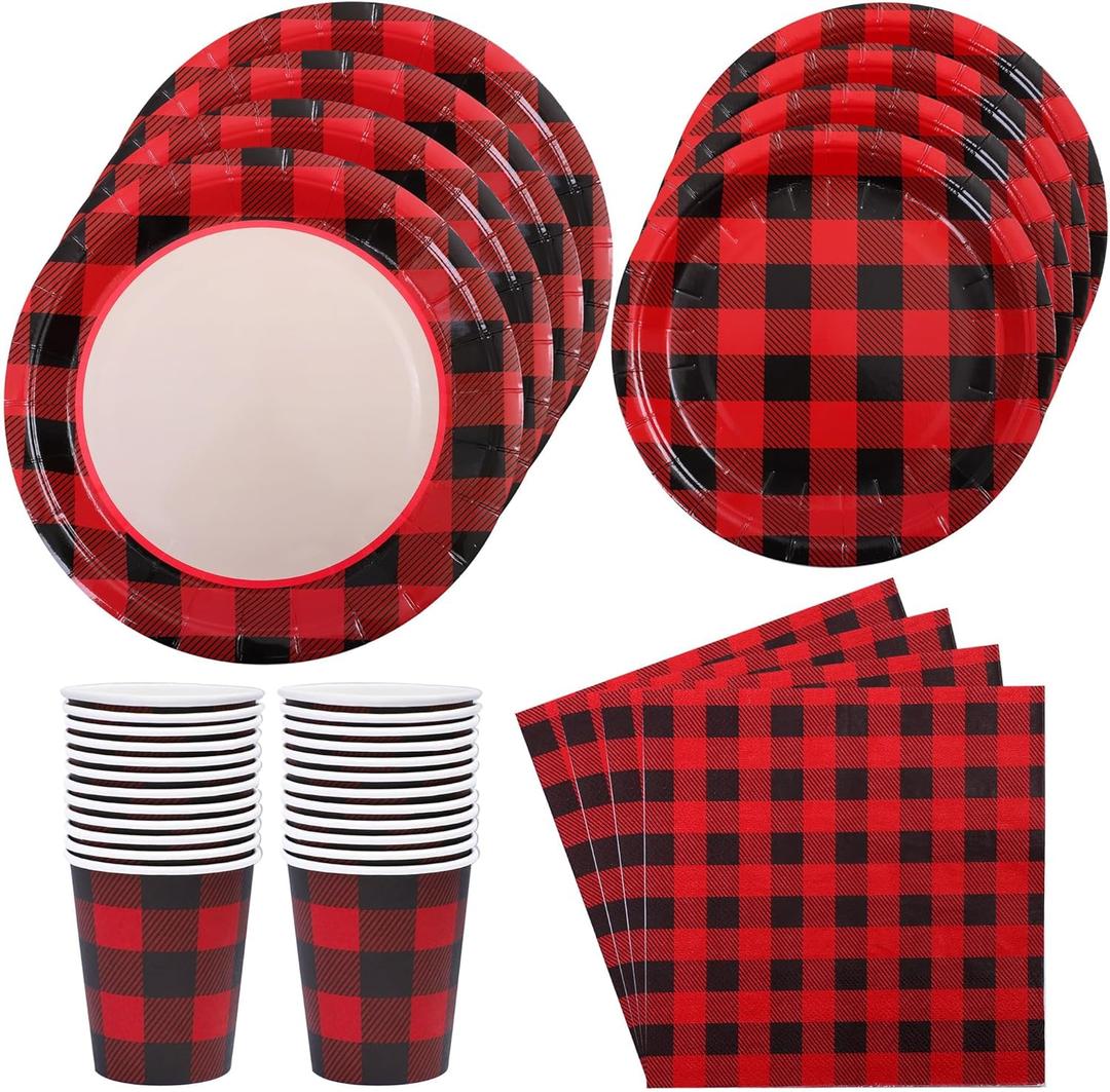 Aneco 122 Pieces Red and Black Buffalo Plaid Party Supplies Disposable Party Tableware Set 7 and 9 Inches Paper Plates Cups Napkins for 24 Guests