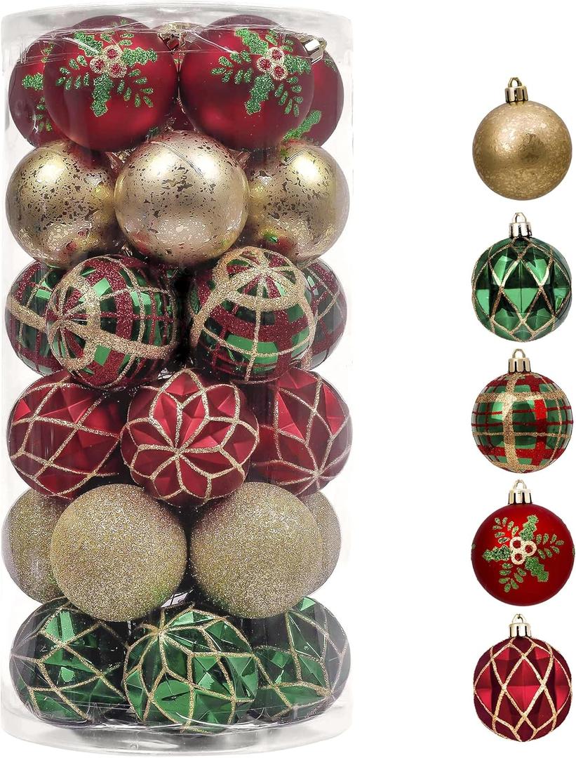Valery Madelyn Christmas Ornaments Set, 30ct 2 Inches Red Green and Gold Shatterproof Christmas Tree Decorations Ball Ornaments Bulk, Traditional Country Hanging Decor for Xmas Holiday Party (Medium)