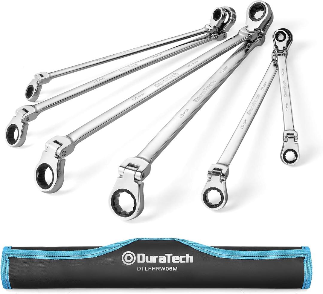 DURATECH Extra Long Flex-Head Ratcheting Wrench Set, Double Box End Wrench Set, 6-Piece, Metric 8-19 mm, CR-V Steel, with Pouch