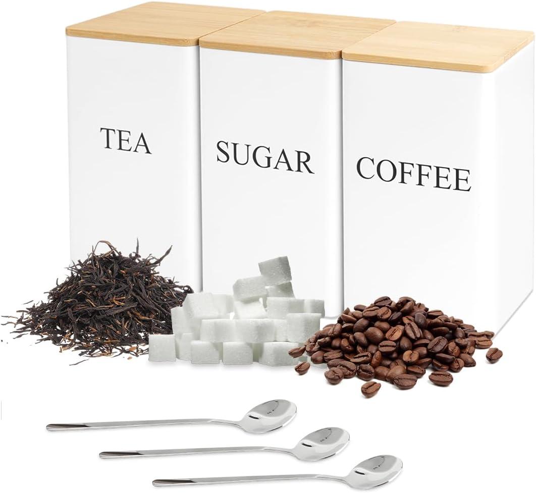 3 Pcs Tea Coffee Sugar Canisters, Black Metal Canister Storage Jar Container Set, Food Storage With 3 Spoons, Rust Resistant Powder Coated Iron Caddies for Kitchen Worktop Organizer (White)