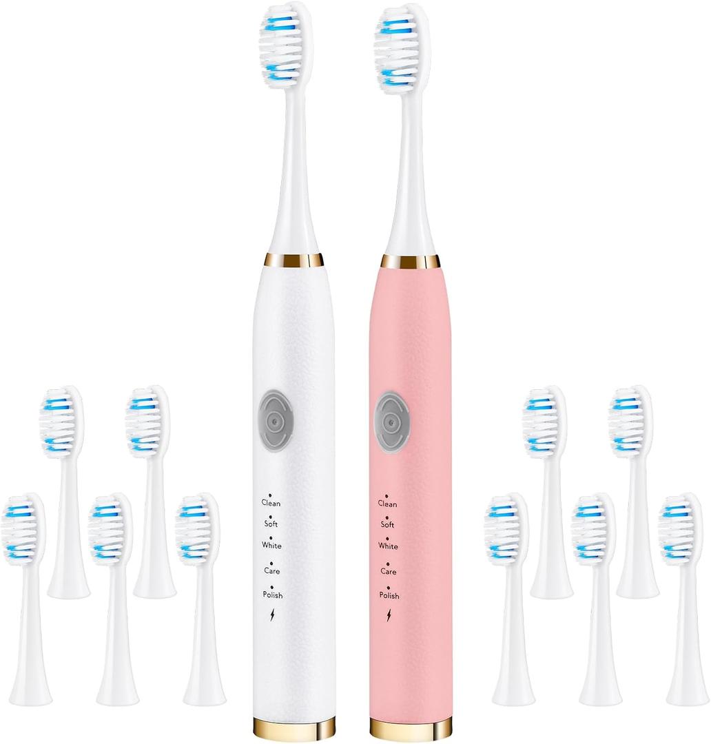 Dnil 2-Pack Adult Electric toothbrushes for Oral Care, Rechargeable Sonic Toothbrush Set, 35,000 VPM, 10 Replaceable Brush Heads, 5 Modes (White & Pink)