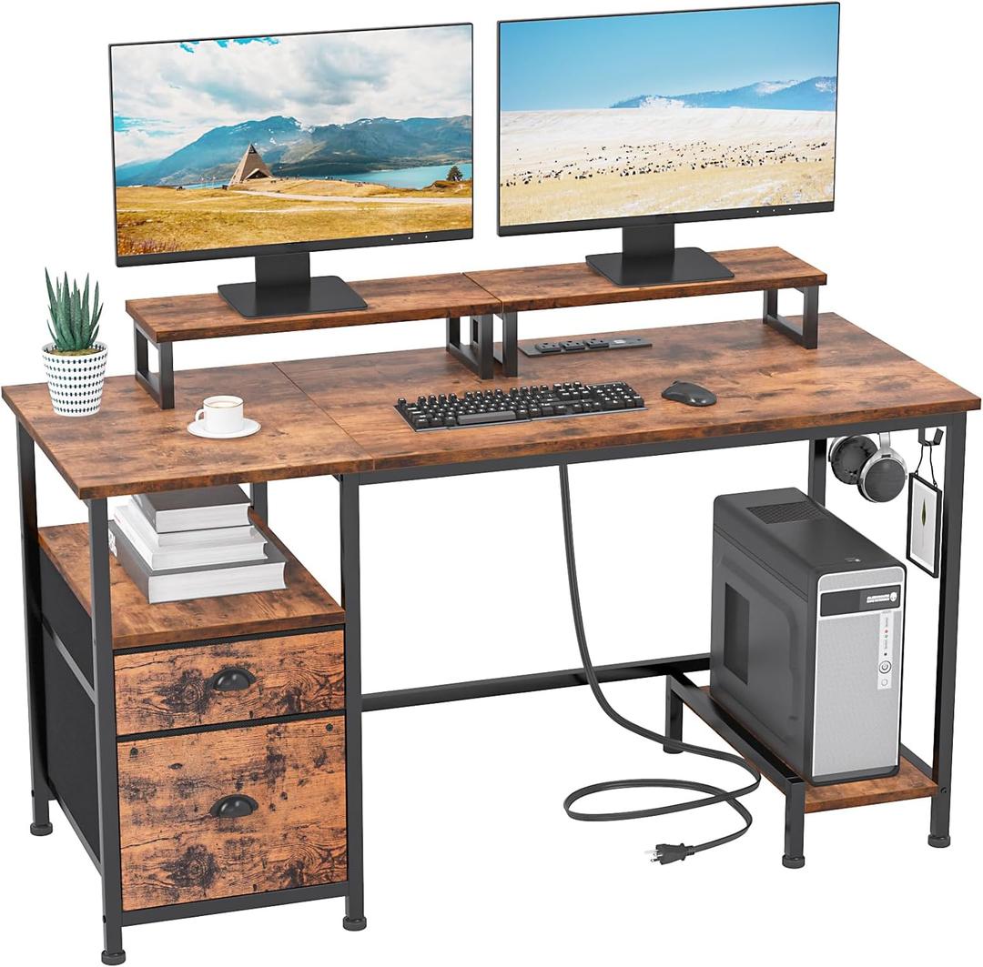 Furologee Computer Desk with Drawer and Power Outlets, 47" Office Desk with 2 Monitor Stands and Fabric File Cabinet, Writing Gaming Table with Shelves and 2 Hooks for Home Office, Rustic Brown