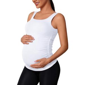 ATTRACO Maternity Tank Tops Seamless Side Ruche Sleeveless Pregnancy Basic Shirt with Built in Bra (Large, White)