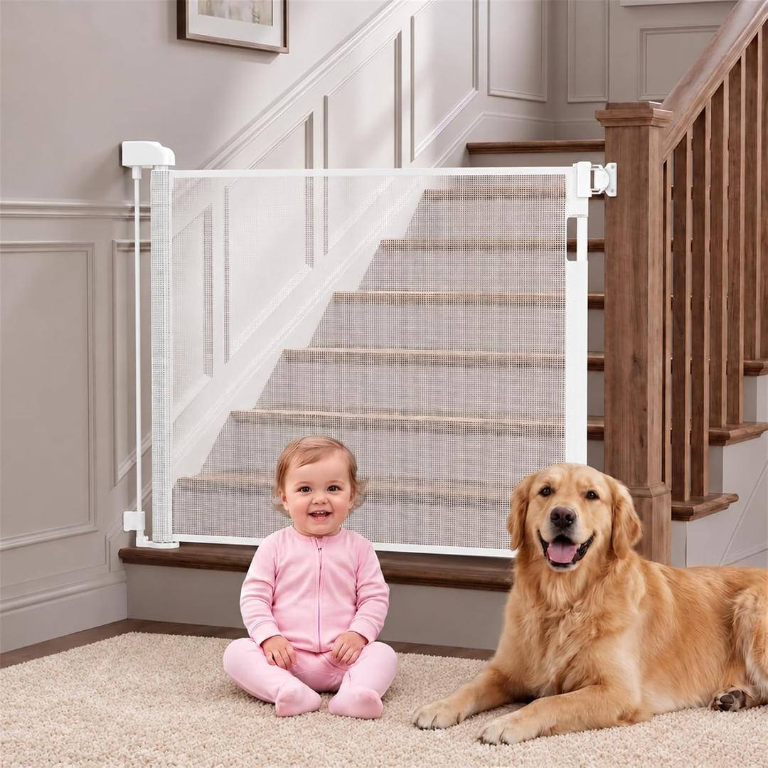 Retractable Baby Gate 55 Inch Wide for Indoor & Outdoor, Mesh Safety Gate