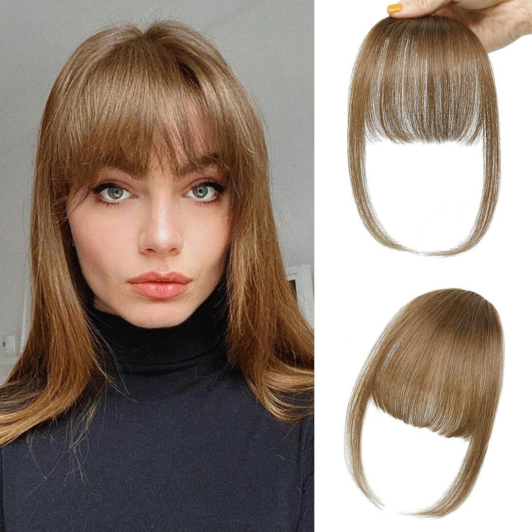 NAYOO Clip in Bangs Human Hair  Medium Brown Wispy Bangs with Temples Fringe Hairpiece Natural Looking Curved Fake Bangs Hair Extensions for Women