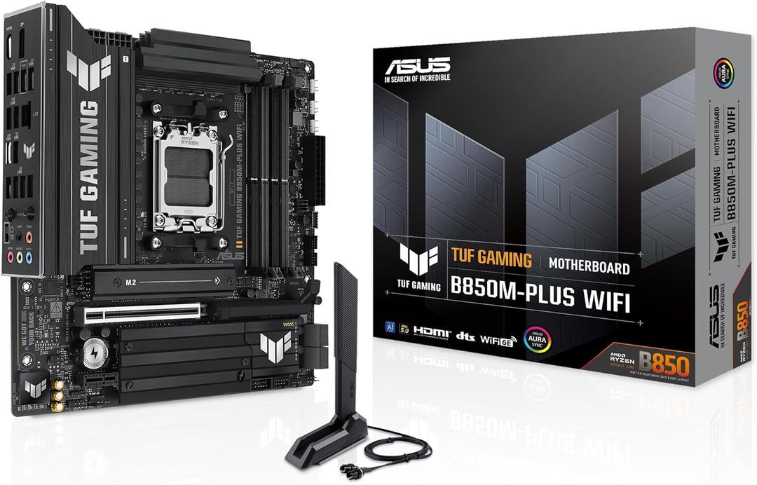 ASUS TUF Gaming B850M-PLUS WiFi AMD AM5 B850 mATX Motherboard, 14+2+1 80A DrMOS Stages, DDR5, PCIe 5.0, 3X M.2, Wi-Fi 6E, 2.5Gb LAN, DP, HDMI, USB 10Gbps & 20Gbps Type-C, BIOS Flashback, Aura Sync