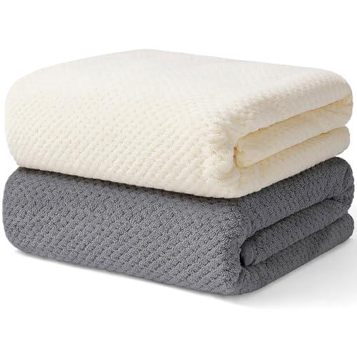 Wuwahold 2 Pack Bath Towel Set, Microfiber Super Soft Highly Absorbent, Durable Quick Drying Towels for Bathroom, Gym, Sports, Yoga(2 Piece 27" x 55", 1Grey+1Beige White)