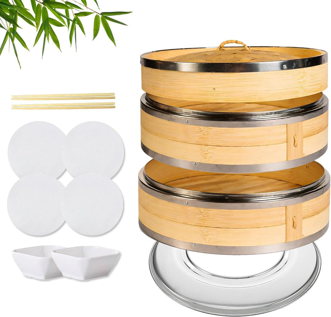 Bamboo Steamer Basket, 2 Tier 10-Inch Steaming Basket Bun Vegetable Steam, Dumpling Steamer with 2 Sauce Dish, 2 Chopsticks,4 Reusable Liners, 1 Ring, Dumpling Steaming bamboo steam baskets