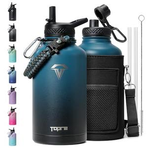 Topre 64 oz Insulated Water Bottle,Half Gallon Water Flask Stainless Steel Vacuum, Cold for 48 Hrs,BPA-Free & Leakproof -with Paracord Handle, Strap,Straw Spout Lids,Large Jug for Gym,Indigo Black