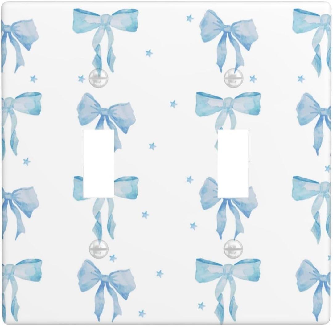 Blue Bow Double Toggle Light Switch Plates And Outlet Covers Decorative Electrical Wall Plate Receptacle Switchplate Decorate Plug Cover For Bathroom Bedroom Kitchen 4.5 x 4.5 Inch