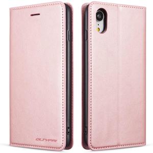 QLTYPRI for iPhone XR Case, Premium PU Leather Cover TPU Bumper with Card Holder Kickstand Hidden Magnetic Adsorption Shockproof Flip Folio Wallet Case for iPhone XR (6.1 inch) - Rose Gold