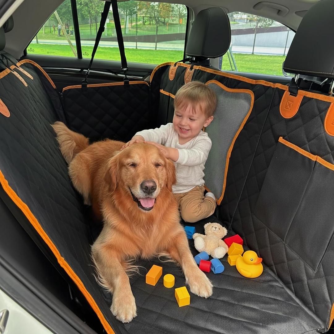 Dog Car Seat Cover for Back Seat - Waterproof and Anti-Slip Car Dog Seat Cover, with Hammock Design for Safe and Comfortable Travel, Suitable for Most Cars Trucks SUVs (Black+Orange)