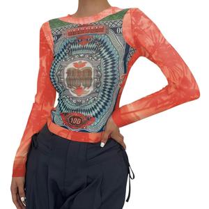 Women Mesh Printed Crop Top Shirt Long-Sleeved Slim Cool T-Shirts Modern Punk Street Tops (X-Small)